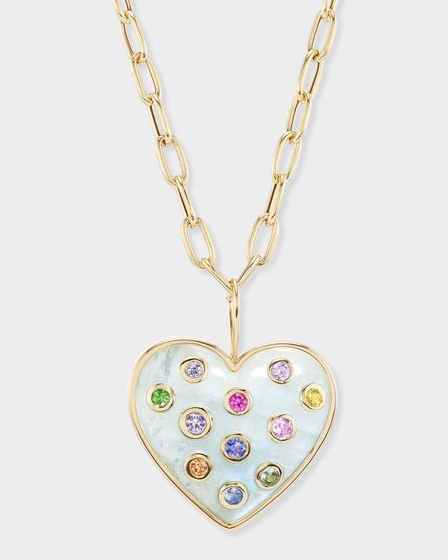 18K Yellow Gold Puff Heart Pendant Necklace with Moonstone and Multicolored Sapphires